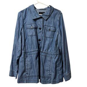Talbots Chambray Denim Shirt Women Size M Linen‎ Blend Safari Shacket Buttons